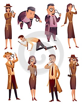 Male and female private detectives and inspectors investigate crime and look for evidence. Detective characters with