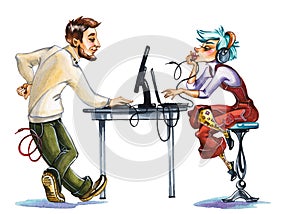 Male and female programmers hand drawn watercolor illustration