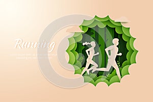 Male and Female running in outdoor nature landscape.Marathon or Trail running sport activity. Paper art vector illustration