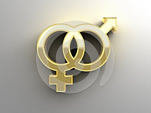 Male and female sex signs - gold 3D quality render on the wall b