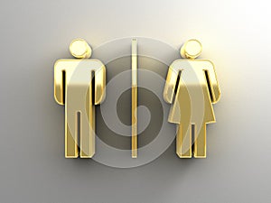 Male and female sex signs - gold 3D quality render on the wall b