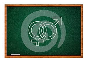 Male and female sex symbol on green chalkboard