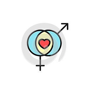 Male and female sex symbol with love icon. simple clean monoline design