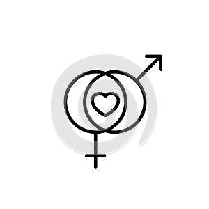 Male and female sex symbol with love icon. simple clean monoline design