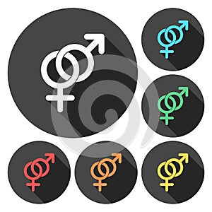 Male and female sex symbol set with long shadow