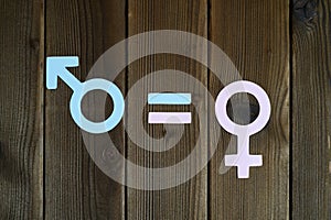 Male and female symbols cut out of paper and an equal sign on a wooden background. the concept of gender equality