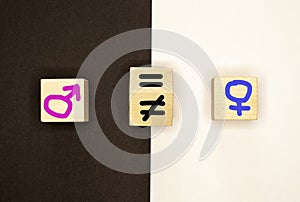 Male and female symbols are drawn on wooden blocks on a black and white background. Equality.