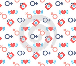 Male female symbols heart kit first aid icon healthcare medical service logo medicine symbol concept seamless pattern