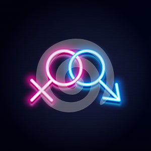 Male and female symbols, neon design, vector illustration