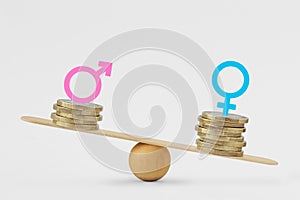 Male and female symbols on piles of coins on balance scale - Gender pay gap concept