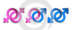 Male and female symbols. Set of Pink and light blue icons.