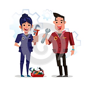 Male and female technician in workshop uniform - vector