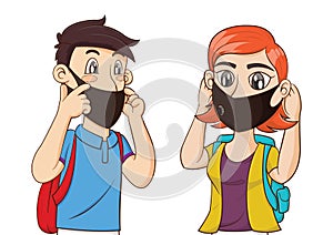 Male and female tourists wear a mask protect