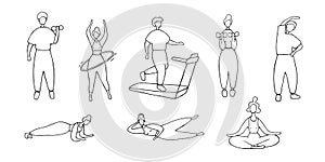 Male and female training, workout concept. Man doing different sport exercises. Woman engaged pilates. Doodle vector illustration