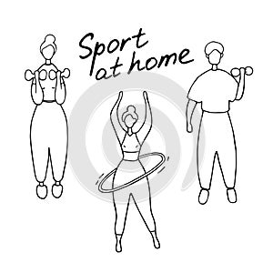 Male and female training, workout concept. Man and woman doing different sport exercises. Woman engaged pilates. Doodle