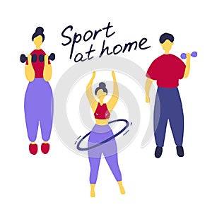 Male and female training, workout concept. Man and woman doing different sport exercises. Woman engaged pilates. Doodle vector