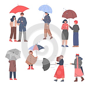 Male and Female with Umbrellas Enjoying Walk in the Rainy Day Vector Illustration Set