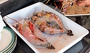 Split lobsters in tray