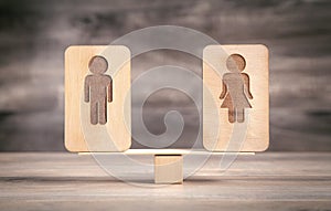 Male and female wooden symbols on balance scales