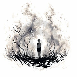 Male figure engulfed in magic flames and fire. Silhouette of a guy with fiery and smoky aura isolated on a white photo
