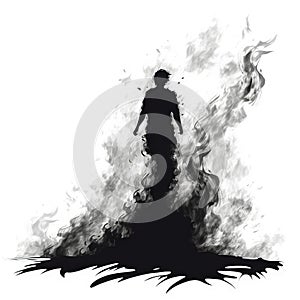 Male figure engulfed in magic flames and fire. Silhouette of a man with fiery and smoky aura isolated on a white photo