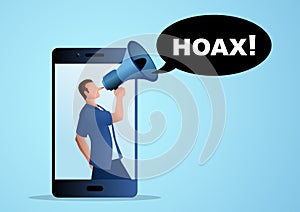Male figure with long nose comes out from cellphone using megaphone to spread hoaxes
