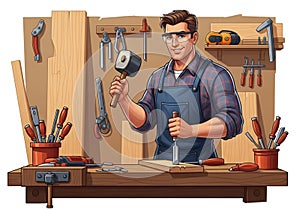 Male figure in a workshop setting,