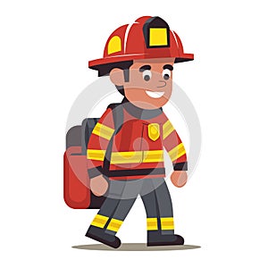 Male firefighter cartoon character smiling, walking confidently wearing red helmet, protective photo