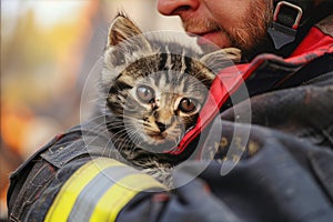 A male firefighter holds a small kitten in his arms