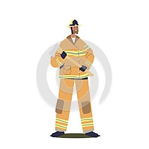 Male firefighter rescuer in uniform and helmet hold axe. Man fireman service in protective clothes
