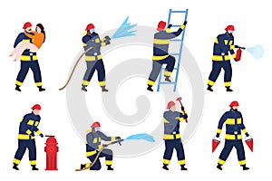 Male firefighters characters set vector flat illustration. Fireman emergency safety actions