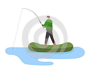 Male fisher character catch sea fish on inflatable boat, man hold fishing rod isolated on white, cartoon vector