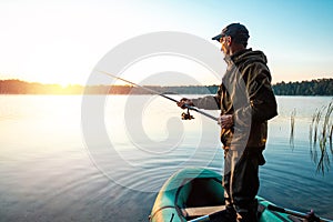 Male fisherman at dawn on the lake catches a fishing rod. Fishing hobby vacation concept. Copy space