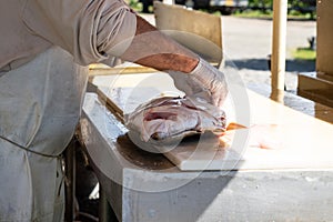 Male fisherman filets and processes a freshly caught halibut