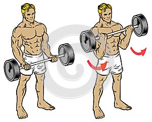 Male fitness workout doing barbell durl to train the bicep