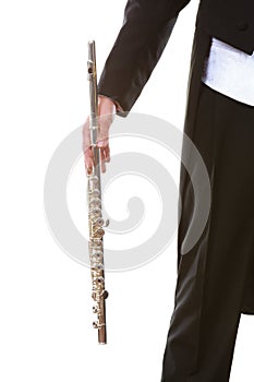 Male flutist wearing tailcoat holds flute