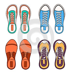 Male footwear sneakers set in cartoon style. Hand drawn casual shoes for man. Vector illustration isolated on a white