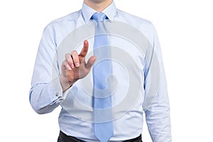 A male in a formal shirt with a tie is pushing the invisible button.