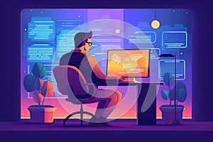 male freelancer working on computer at home at night.