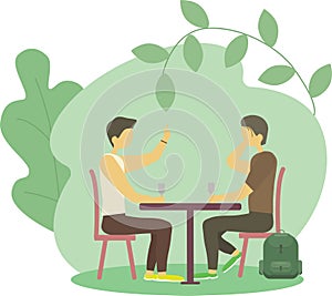 Male friends drinking in a bar, pub, coffee shop. business suit. Vector, flat design people.Two male colleagues chatting