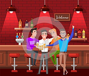 Male Friends Sitting in Bar and Drinking Beer