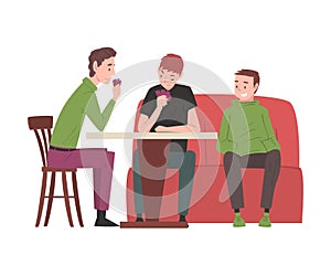 Male Friends Sitting at Table in Cafe and Relaxing, People Drinking Coffee and Relaxing at Coffeehouse or Coffee Shop