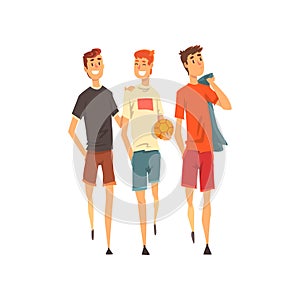 Male friends spending time together, men play sports together or play ball, best friends concept vector Illustration