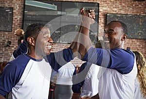 Male Friends Watching Game In Sports Bar Celebrating