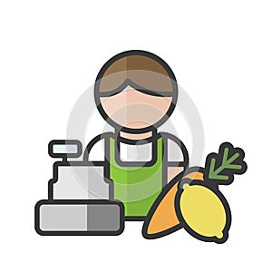 Male fruiterer avatar. Fruits and vegetables seller character. Man working. profile user, person. People icon. Vector illustration