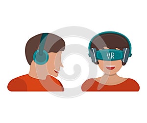 Male in gaming headset and female in virtual reality device with vr glasses isolated on white, flat vector illustration. Concept