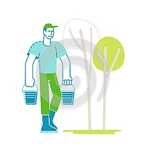 Male Gardener Character Carry Buckets for Watering Trees and Bushes in Garden. Man in Boots Gardening Nature Outdoor