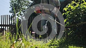 Male gardener mowing green lawn with manual gas grass mower, garden maintenance