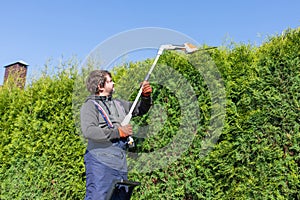 Male gardener using a long reach pole hedge trimmer to cut the top of a tall hedge. Professional gardener with a professional