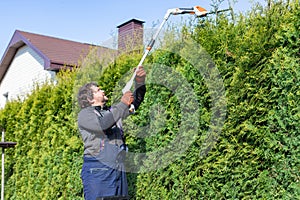 Male gardener using a long reach pole hedge trimmer to cut the top of a tall hedge. Professional gardener with a professional